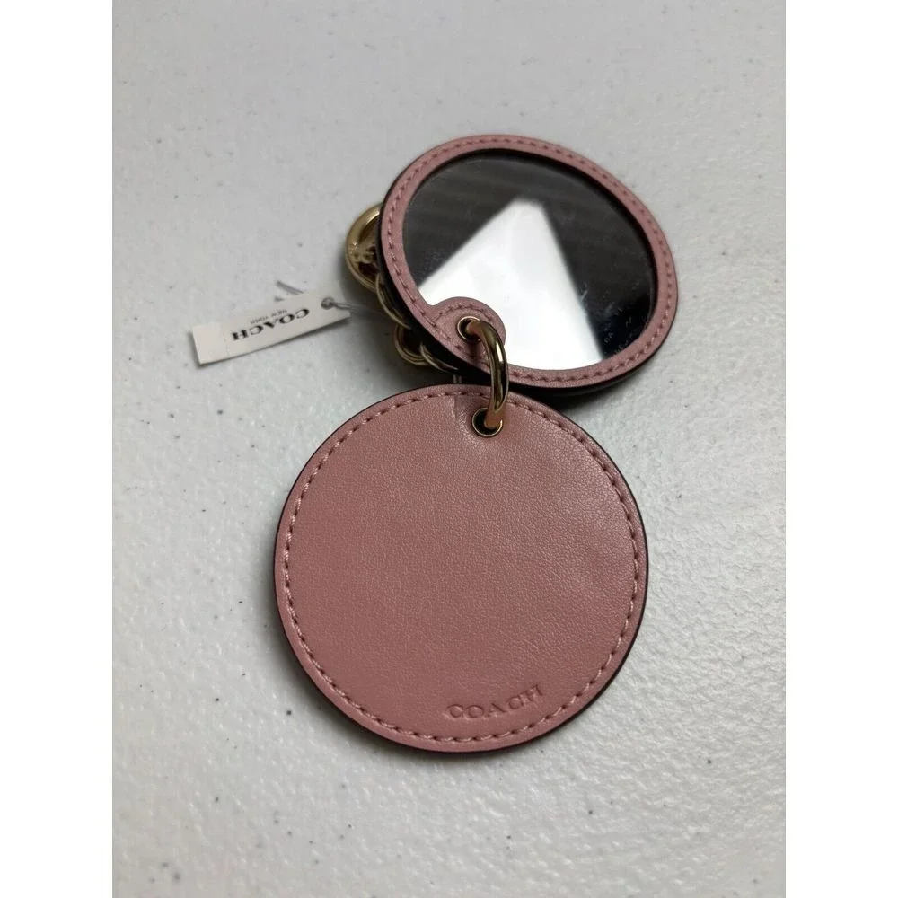 Coach Logo BeigePinkCharm With Mirror Brass KeyChain Purse Decor - New With Tag - Picture 2 of 5